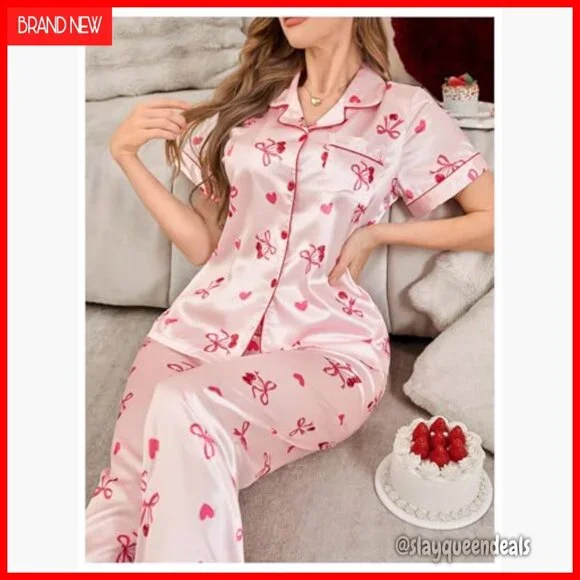 Satin Pajama Set with Bow Print, Button Down Shirt, Pockets